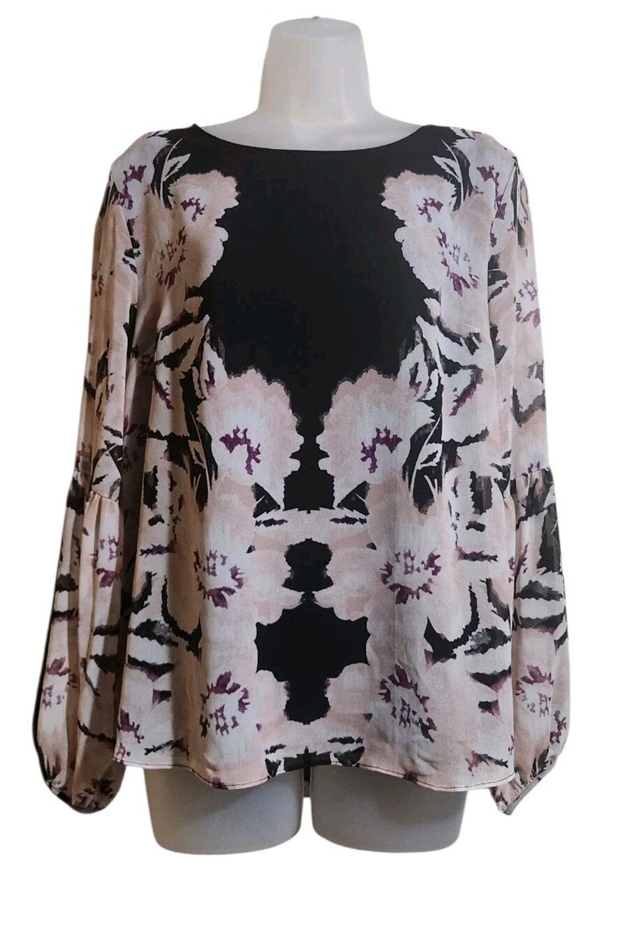 Calvin Klein Women's M Floral Chiffon Blouse Peasant Top Black Long Flowy Sleeve